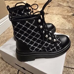 Aldo Black and White Ankle Boots with Pearl Accents
